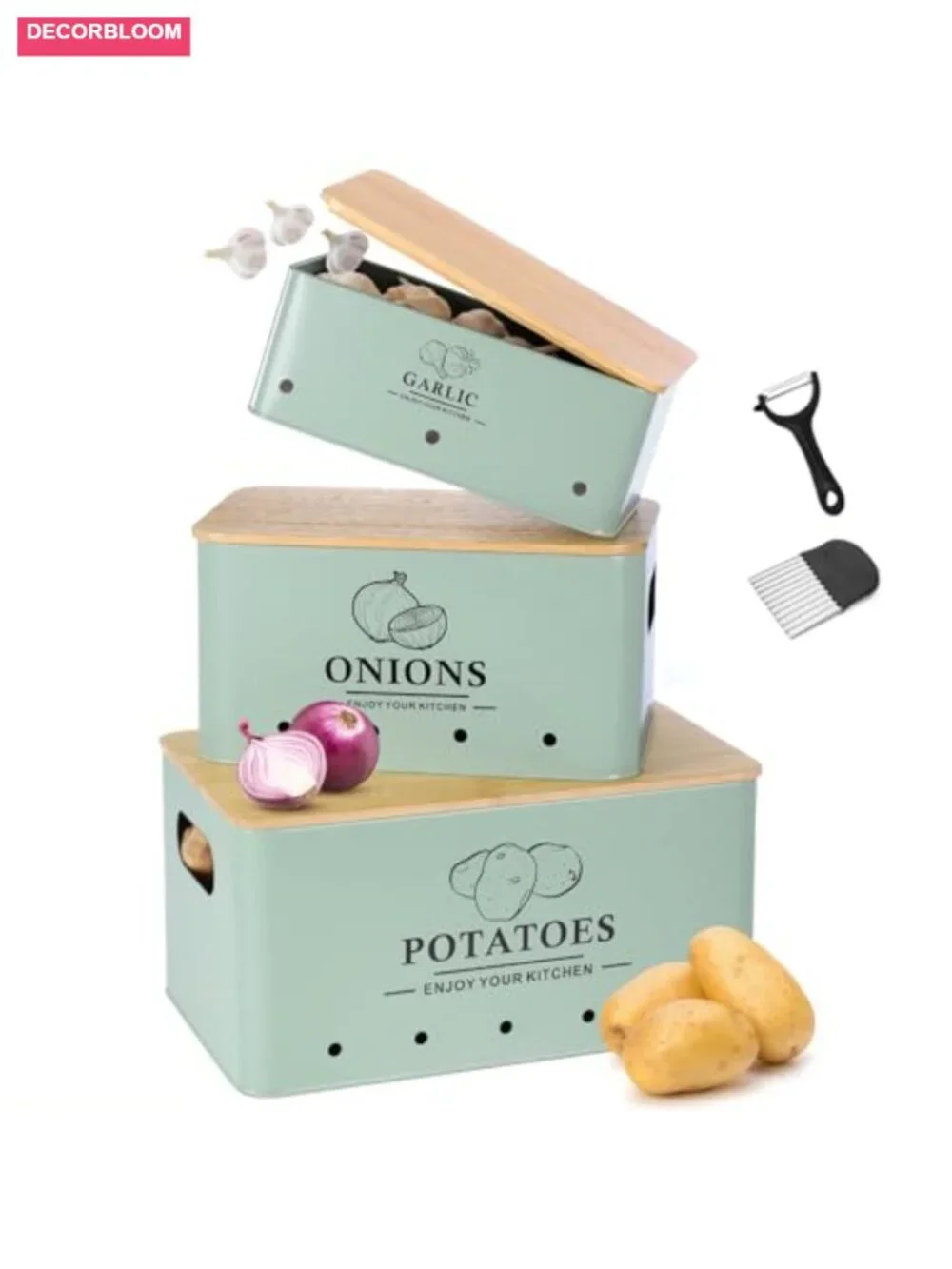 Metal Vegetables Storage Set Of 3 With Bamboo Lids Kitchen Organizer Containers